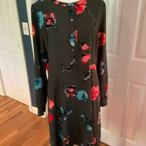 Floral Long Sleeve Dress - Black with Red and Blue Accents